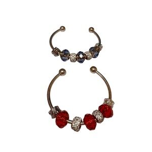 Set of 2 Silver Tone Beaded Cuff Bracelets Red Blue Crystal Rhinestone Accents
